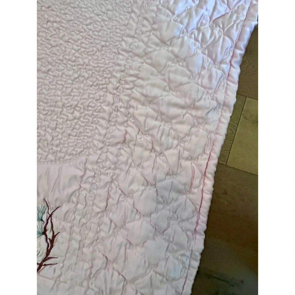 Vintage Asian Satin Wedding Quilt Pink Crane Embroidery Bedspread 80x80 Handmade